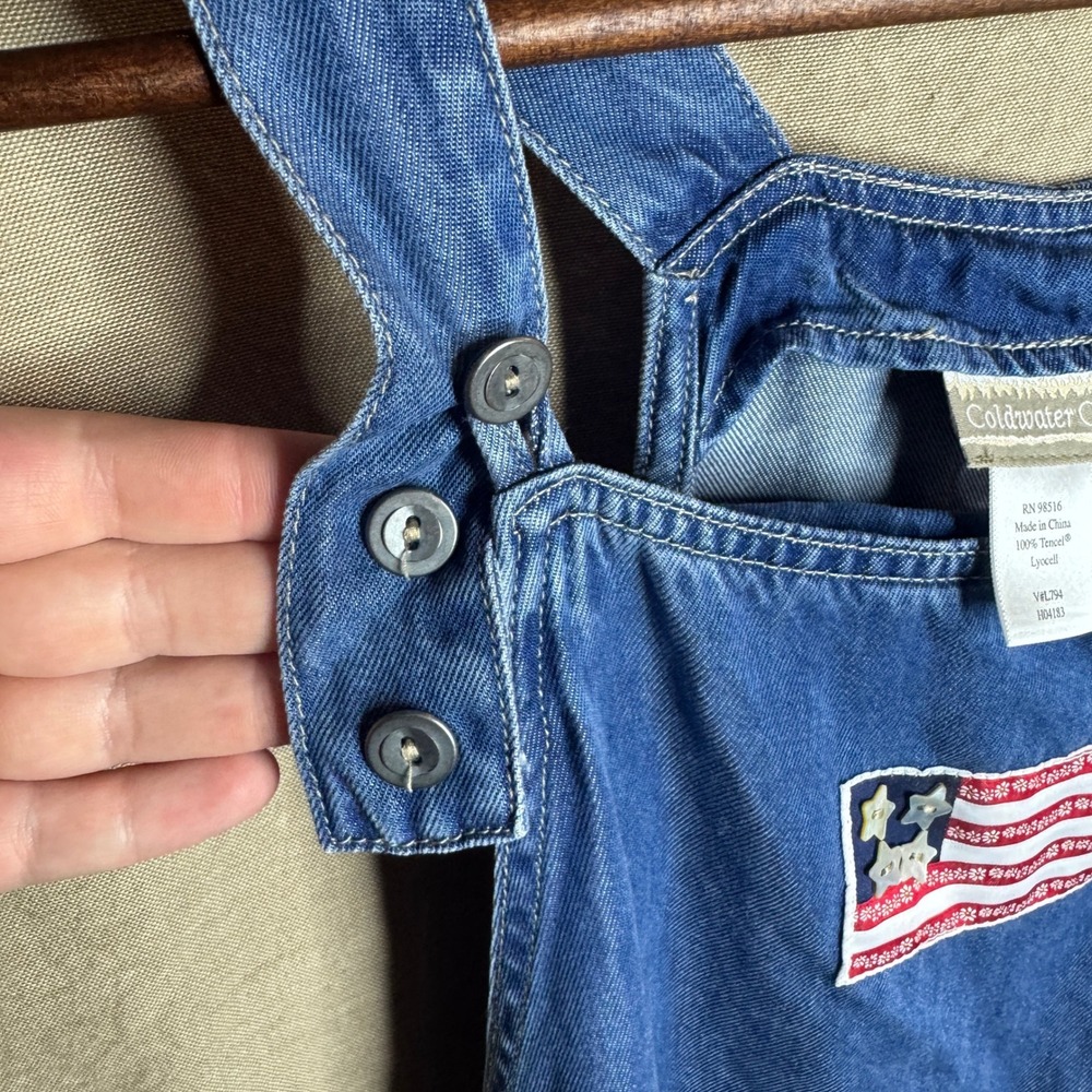 Vintage Blue Denim Overall Jumper Maxi Dress Flag Patch Women M Teacher Core - Picture 6 of 7